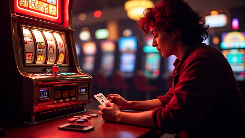 Player checking a bonus code beside a glowing slot machine in a dark casino