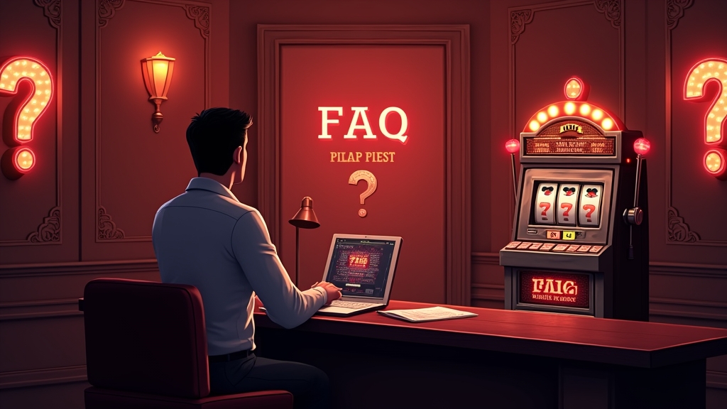 FAQ style help desk next to a glowing slot machine in a dark casino