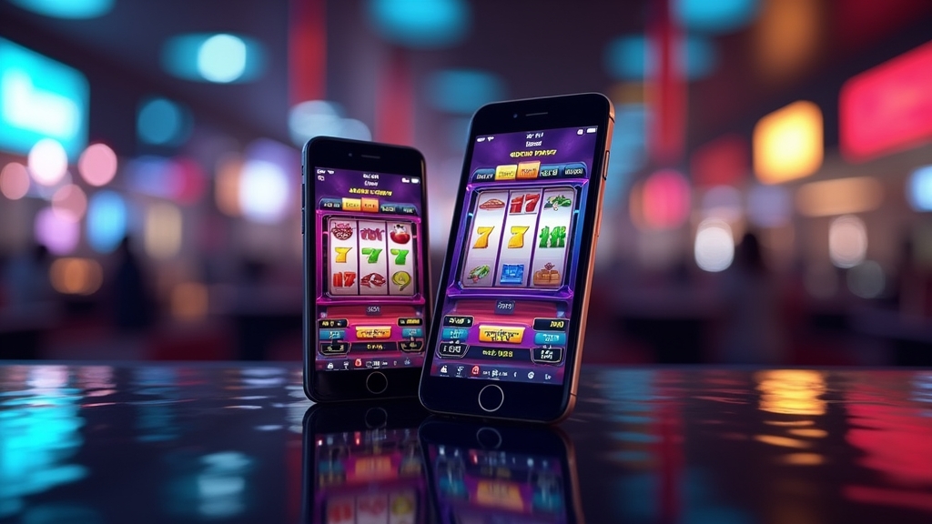Android and iPhone phones showing a slot app in a dark casino setting