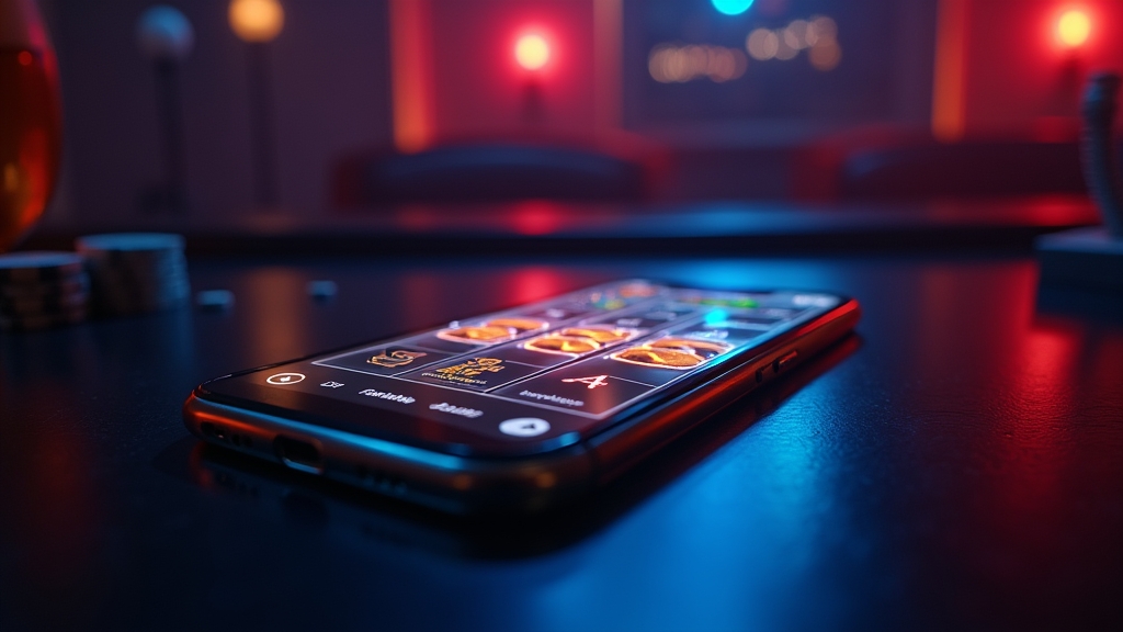 Smartphone displaying a classic slot interface in a moody casino setting