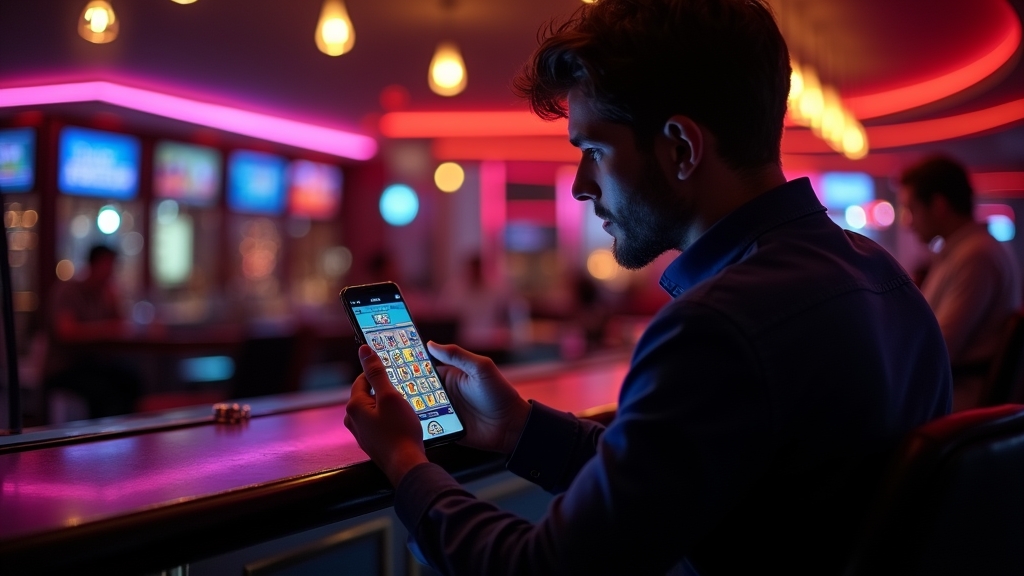 Person using a slot app on a phone in a moody casino lounge