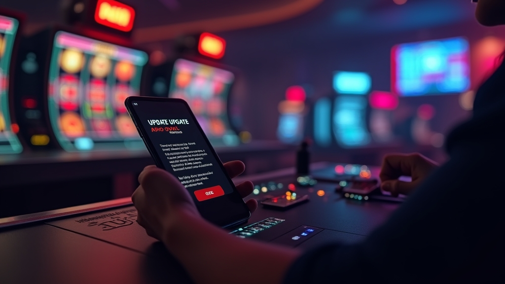 Phone displaying an app update issue in a dark casino setting
