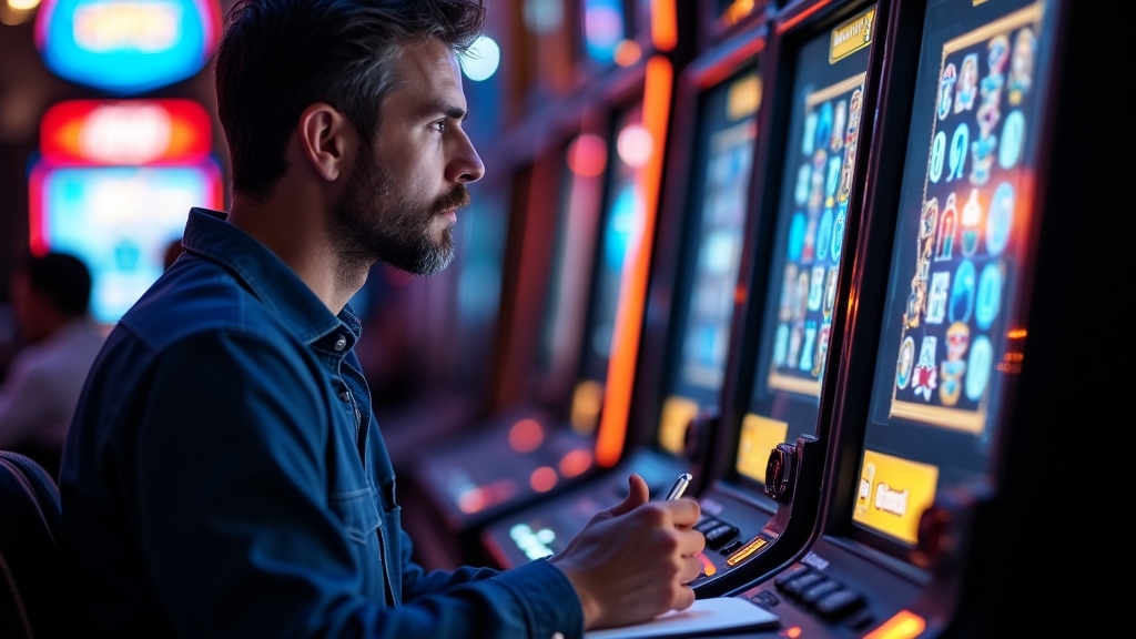 Player studying a slot demo session with notes beside a glowing game screen.
