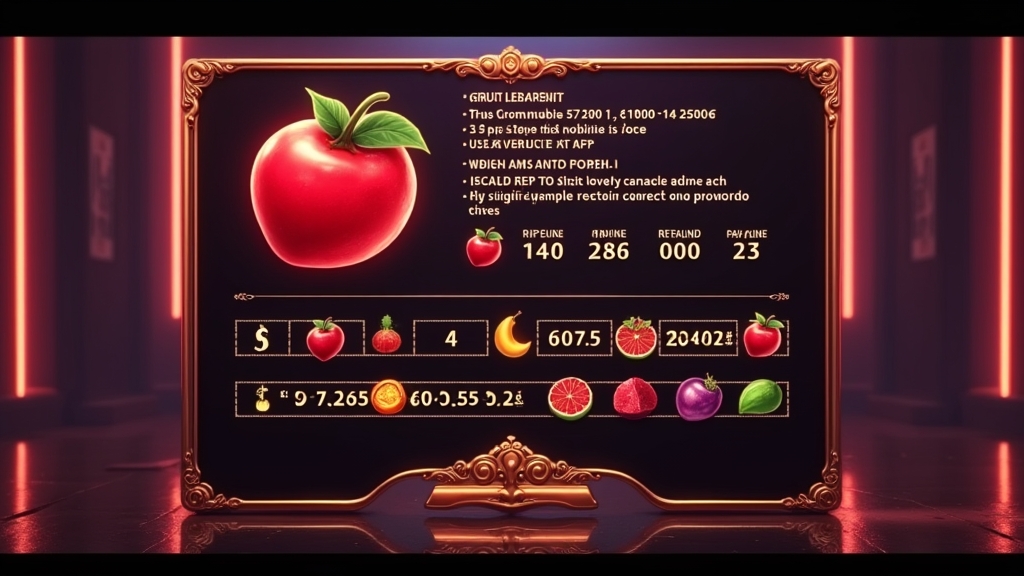 Slot info screen showing RTP, paylines, and classic fruit symbols in a dark casino.