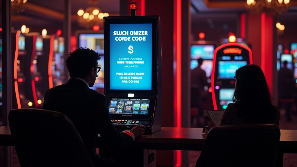 Player comparing an unverified promo code with a slot machine in a dark casino