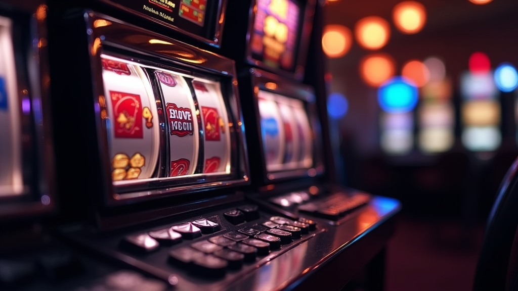 Classic slot reels spinning in a dark casino demo scene with glowing win lines.