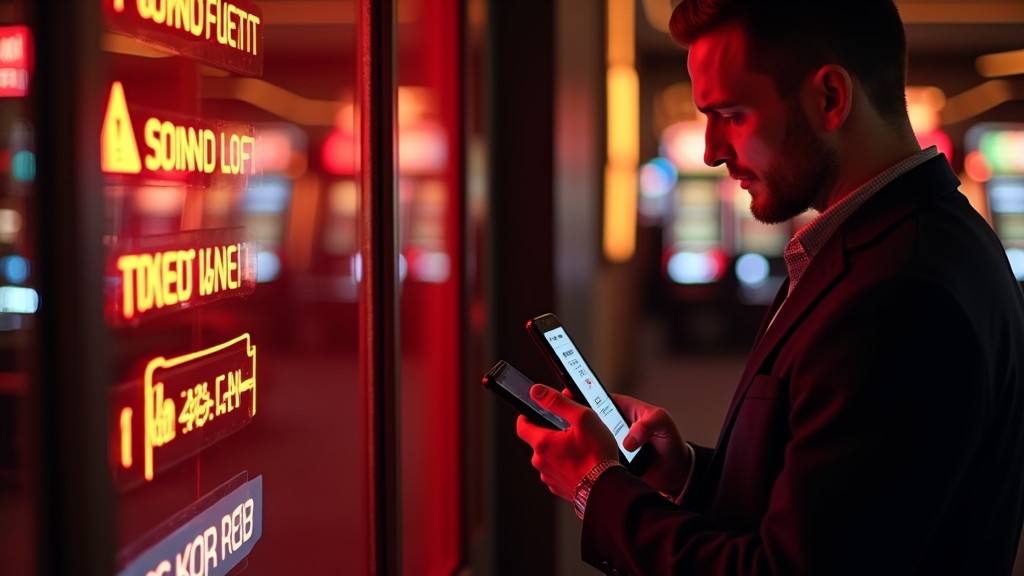 Player checking a promo code carefully in a dark casino setting