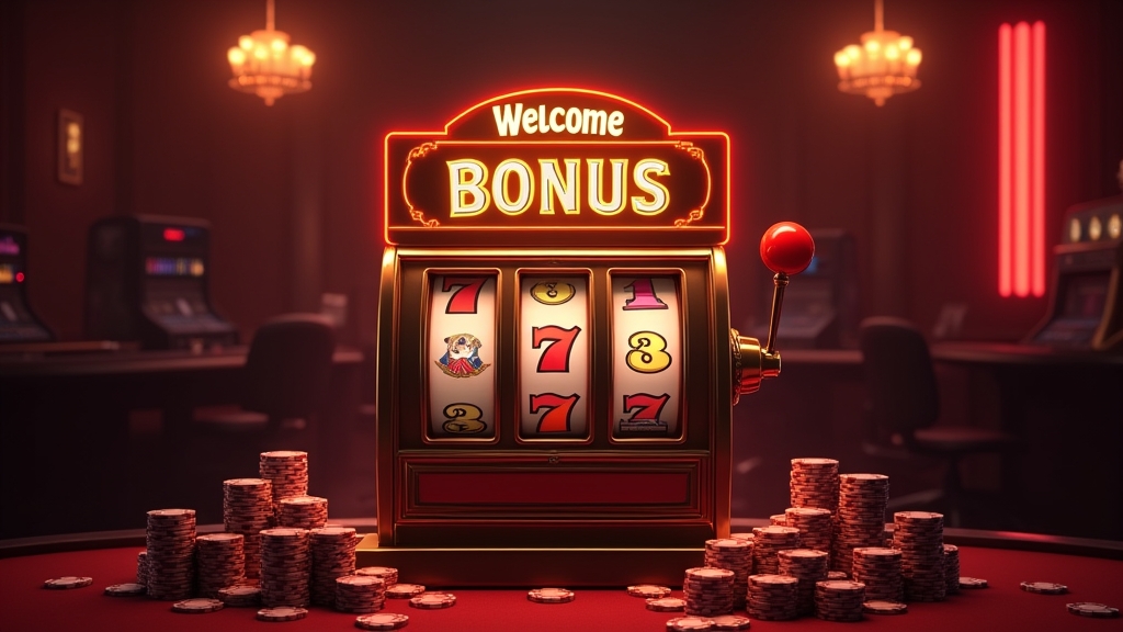 Casino welcome offer displayed above a glowing classic slot machine